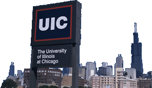 UIC Sign in front of Chicago Skyline